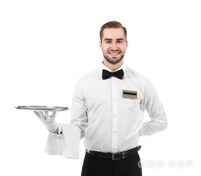 白色背景上的金属托盘 服务员与饮食服务的艺术